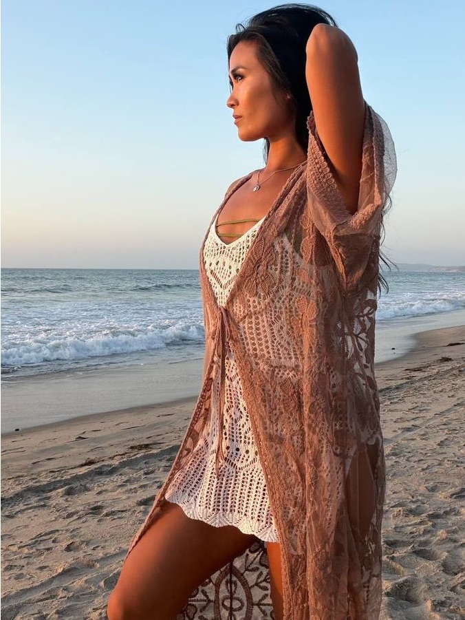 Brown Crochet Swim Boho Lace Cover-Up Kimono Lightweight Beach Wrap